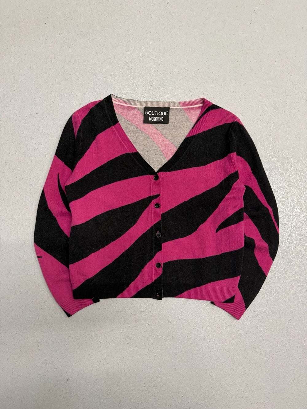 Pink and Black Boutique Moschino Zebra Print Wool Blend Cardigan